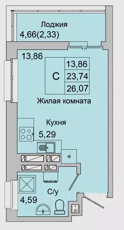 Студия Ростовская область, Батайск ул. Булгакова, 11 (26.07 м) - Фото 1