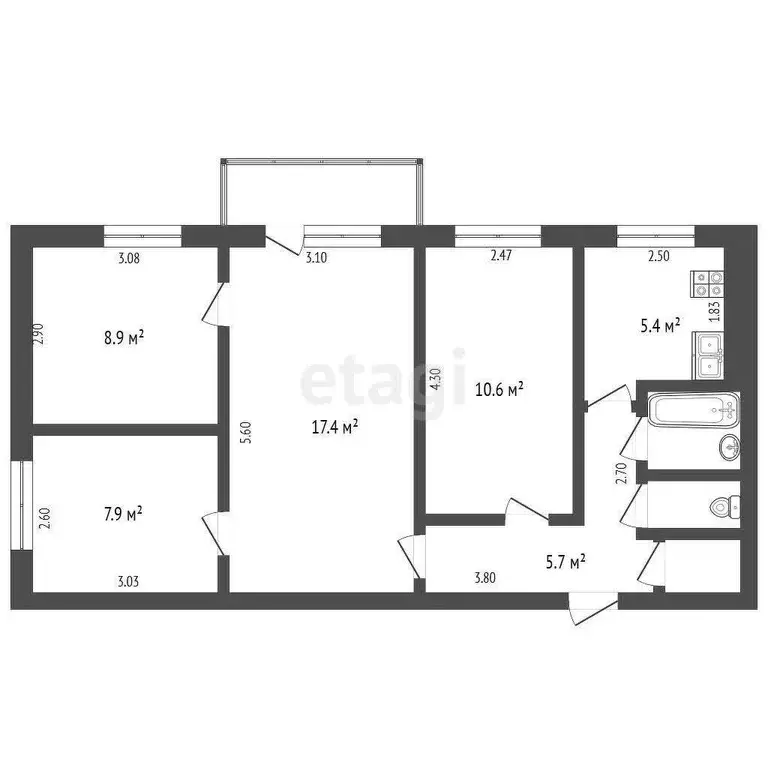 Квартира, 4 комнаты, 60.4 м - Фото 1