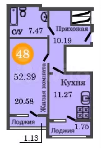 1-к. квартира, 52,4м, 9/12эт. - Фото 1