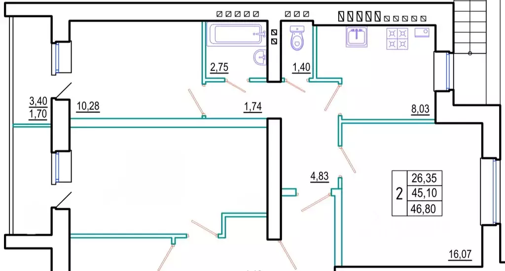 2-к кв. Ростовская область, Шахты просп. Шахтинский (46.8 м) - Фото 1