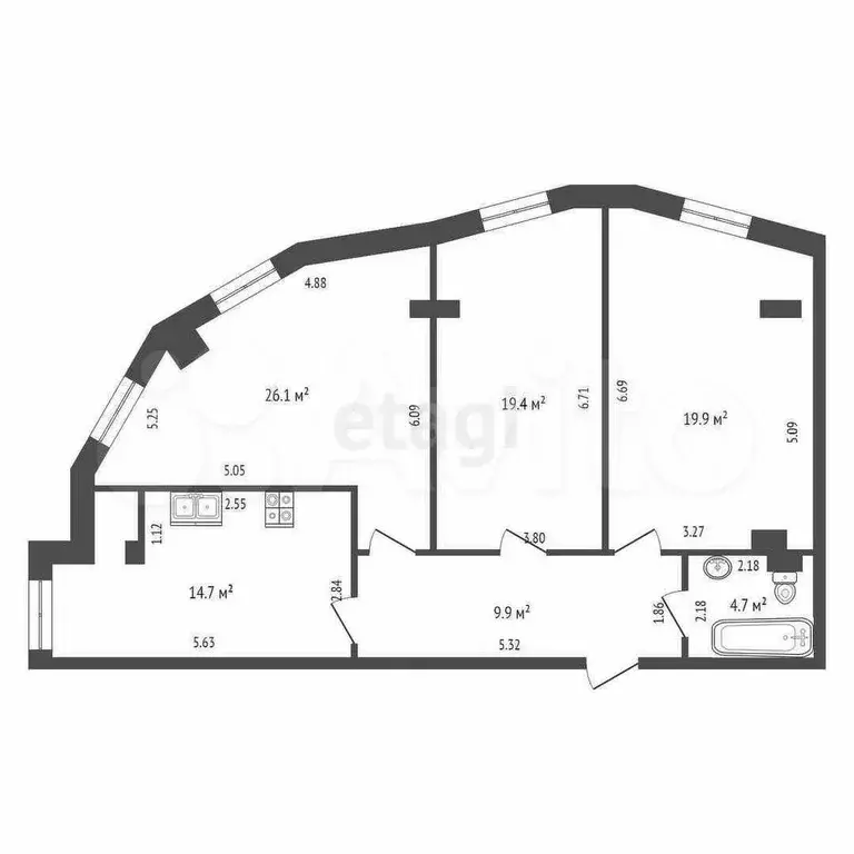 3-к. квартира, 94,7 м, 4/5 эт. - Фото 0
