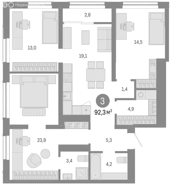 3-комнатная квартира: Новосибирск, Большевистская улица, с49 (92 м) - Фото 0