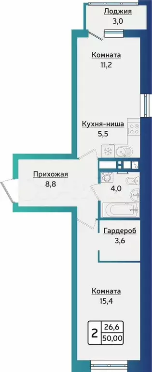 2-к. квартира, 50 м, 14/15 эт. - Фото 0