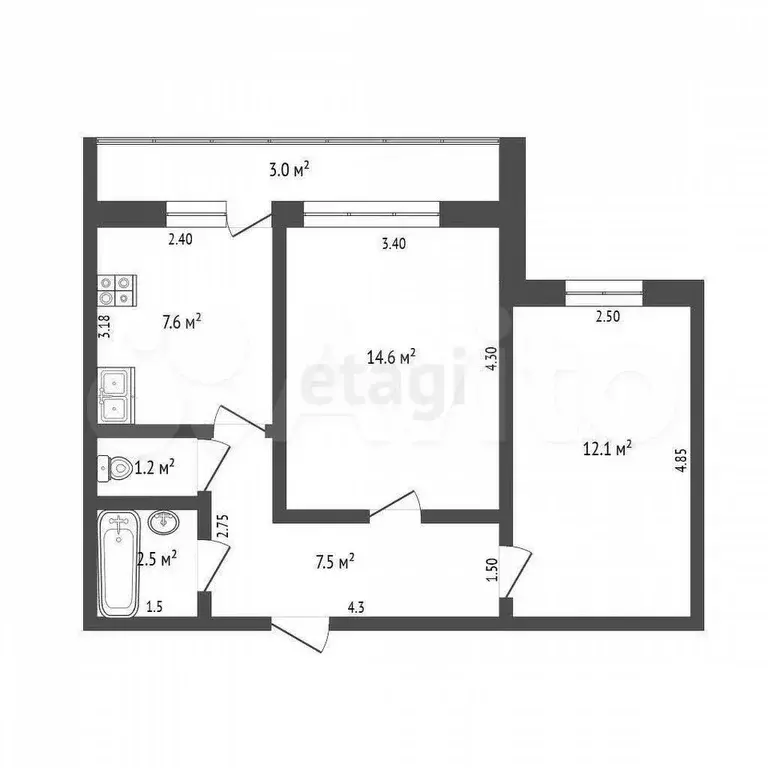 2-к. квартира, 45,5 м, 4/10 эт. - Фото 0