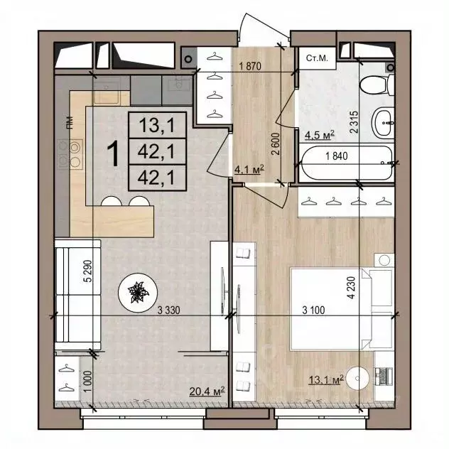 1-к кв. Рязанская область, Рязань ул. Новоселов, 33Б (42.1 м) - Фото 1