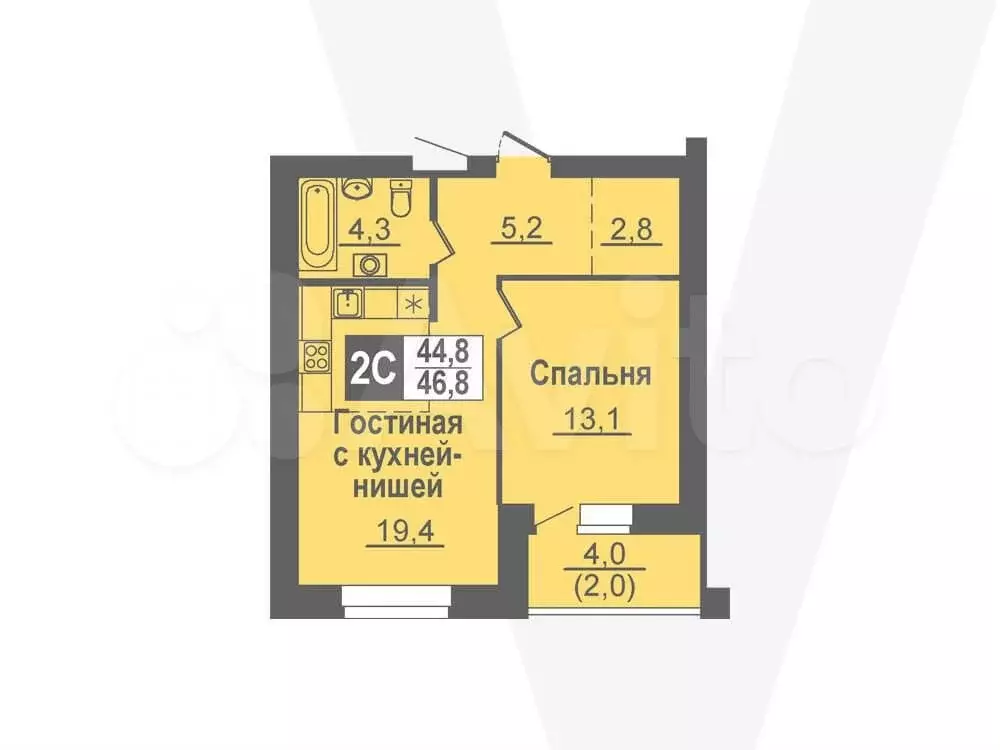 2-к. квартира, 46,8 м, 7/14 эт. - Фото 0