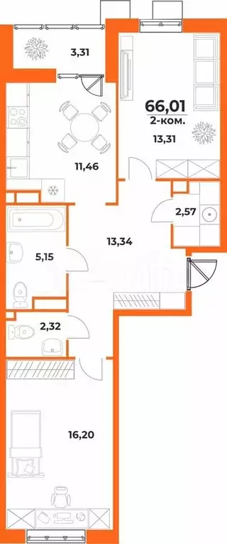 2-к. квартира, 66 м, 3/10 эт. - Фото 0