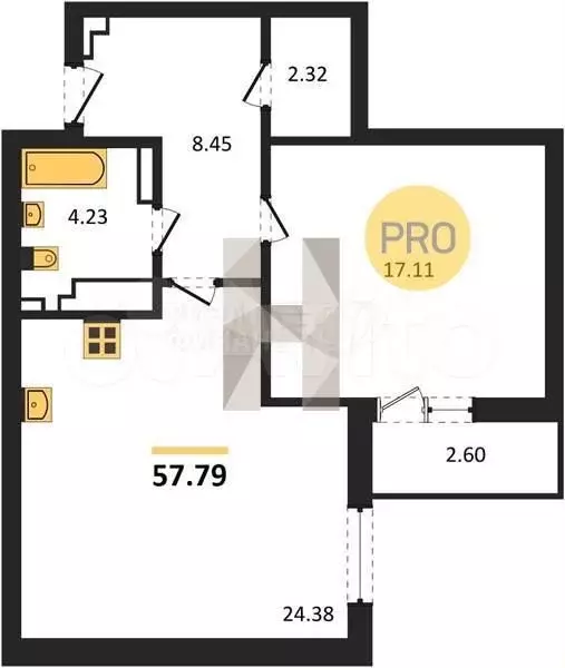 1-к. квартира, 32,4 м, 8/9 эт. - Фото 1