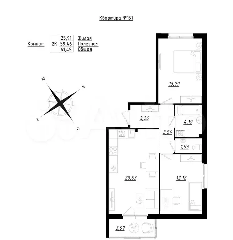 2-к. квартира, 61,5 м, 2/5 эт. - Фото 0