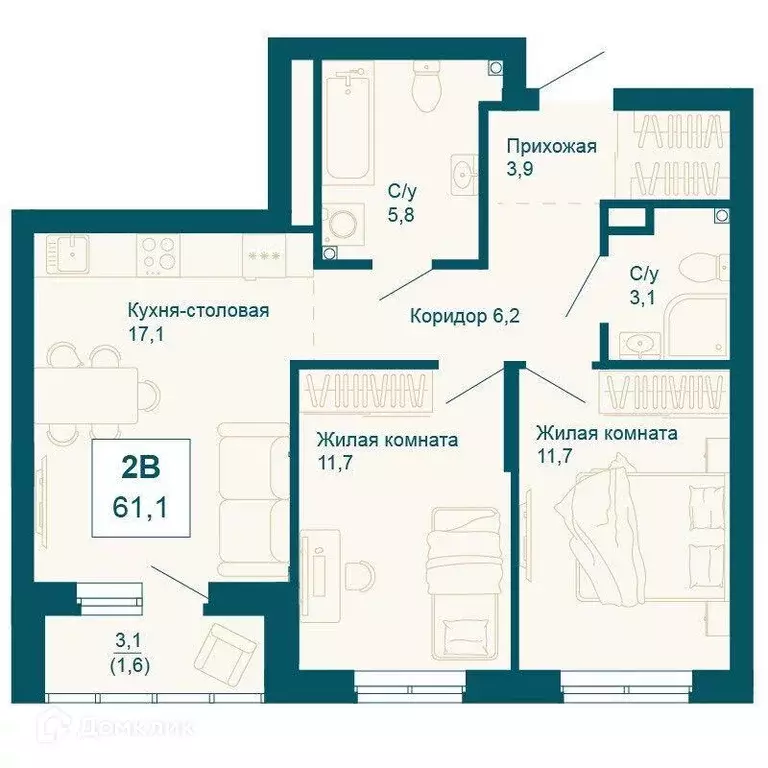 Продаётся 2-к квартира, 61.1 м - Фото 0