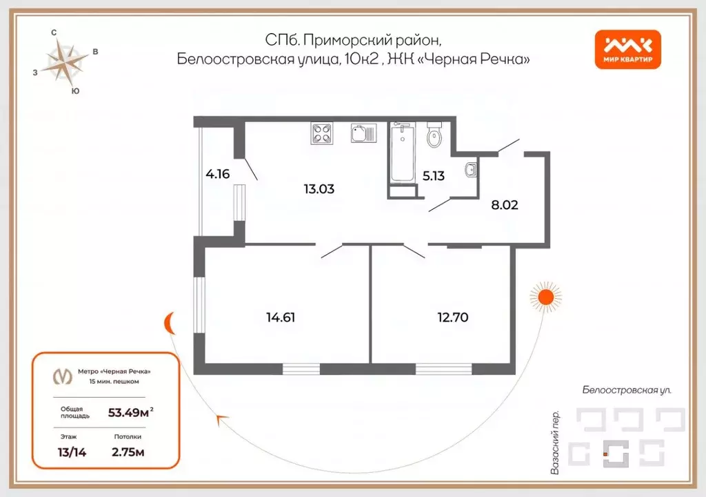 2-к кв. Санкт-Петербург Белоостровская ул., 10к2 (53.49 м) - Фото 1