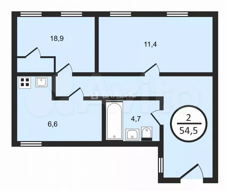 2-к. квартира, 54,5 м, 1/3 эт. - Фото 0