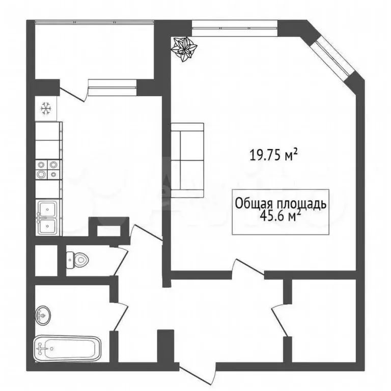 2-к. квартира, 45,6 м, 1/9 эт. - Фото 1