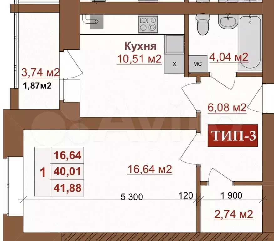 1-к. квартира, 42,4 м, 2/4 эт. - Фото 0