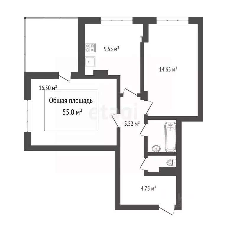 2-к кв. Томская область, Томск просп. Мира, 41А (55.0 м) - Фото 1