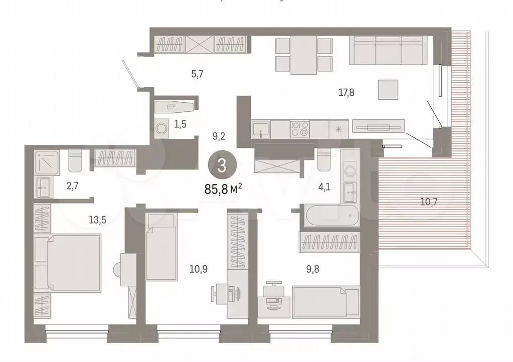 3-к. квартира, 85,8 м, 8/8 эт. - Фото 0