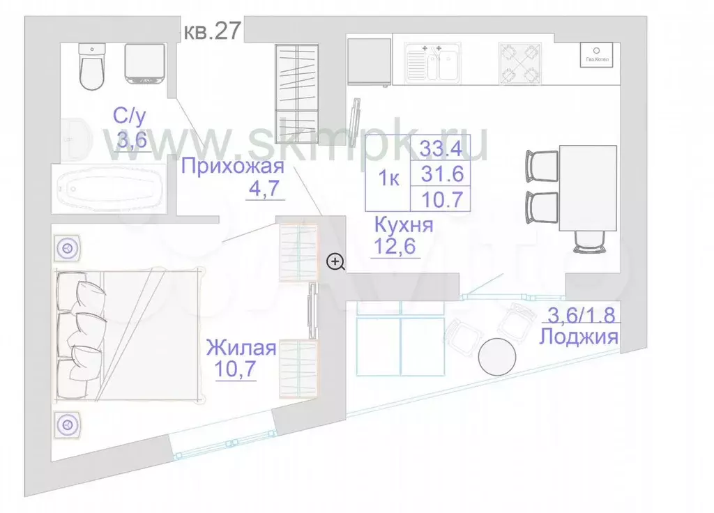 1-к. квартира, 34,1 м, 6/8 эт. - Фото 1