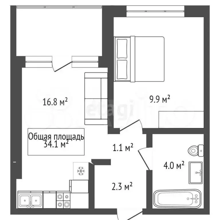 2-к. квартира, 34,4 м, 5/25 эт. - Фото 1