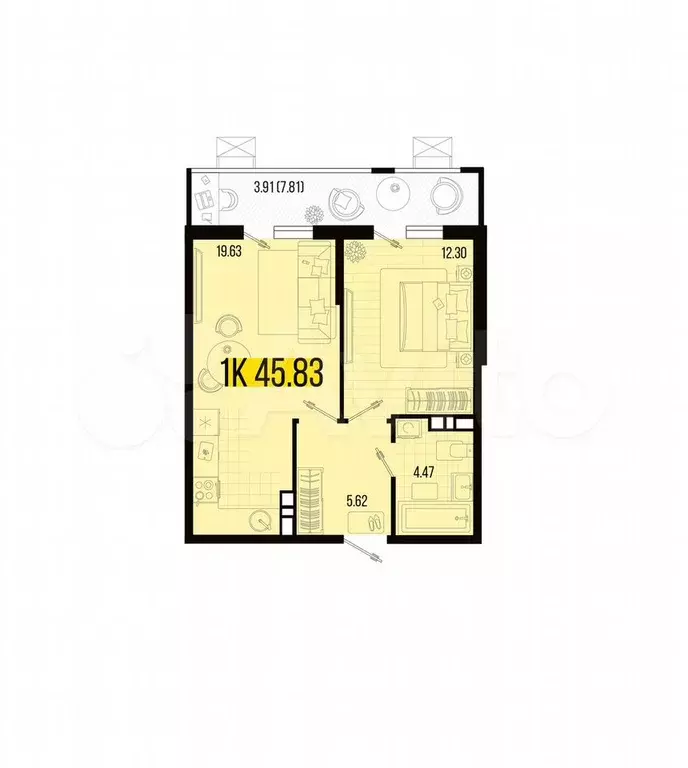 1-к. квартира, 45,8 м, 6/7 эт. - Фото 1