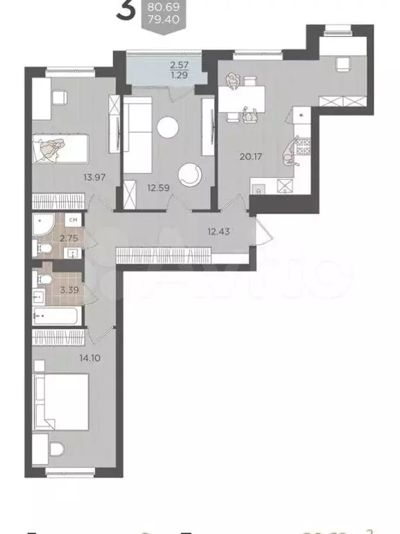 3-к. квартира, 80,7 м, 3/9 эт. - Фото 1