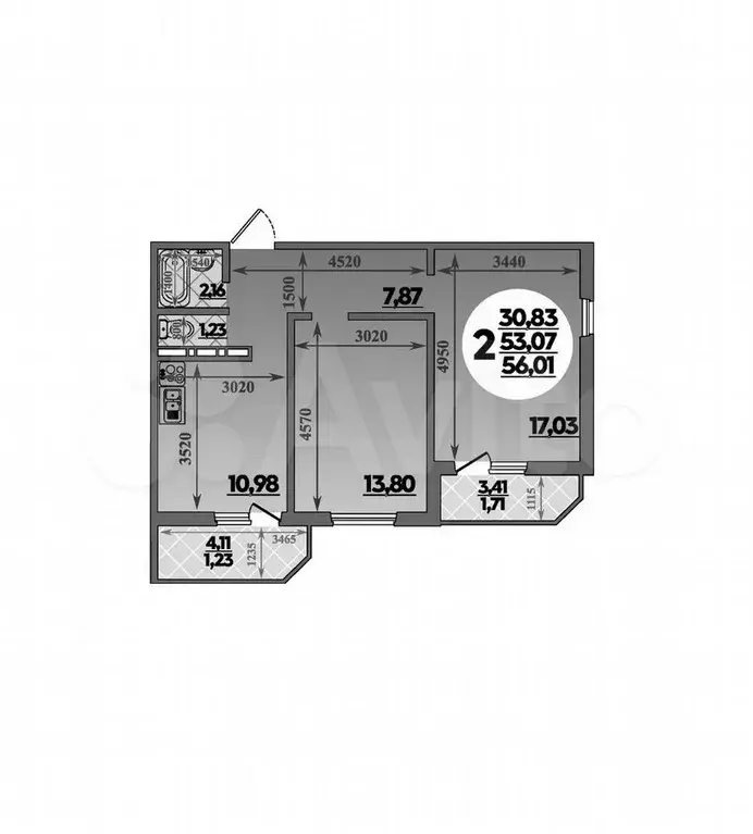 2-к. квартира, 56 м, 7/8 эт. - Фото 1