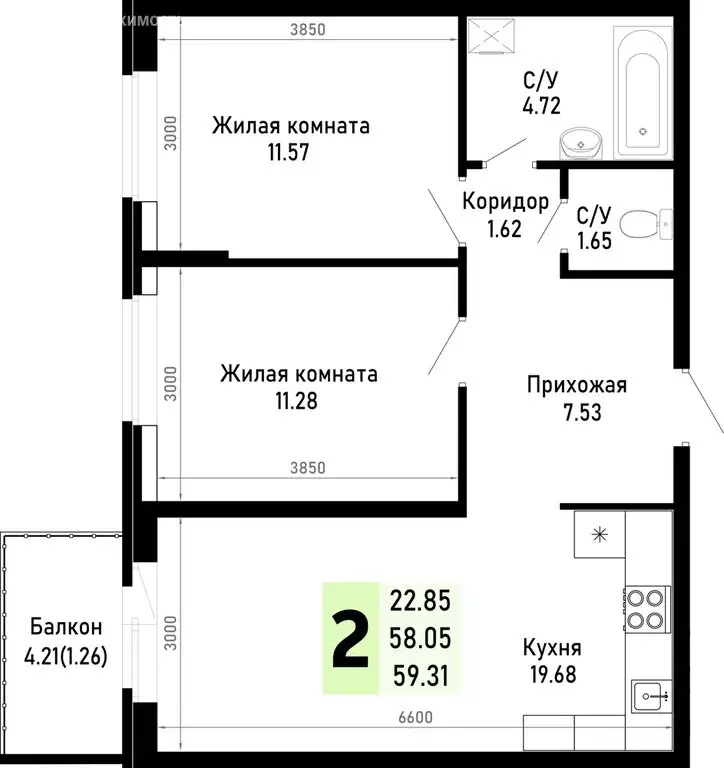 2-комнатная квартира: Краснодарский край, муниципальный округ Анапа, ... - Фото 0