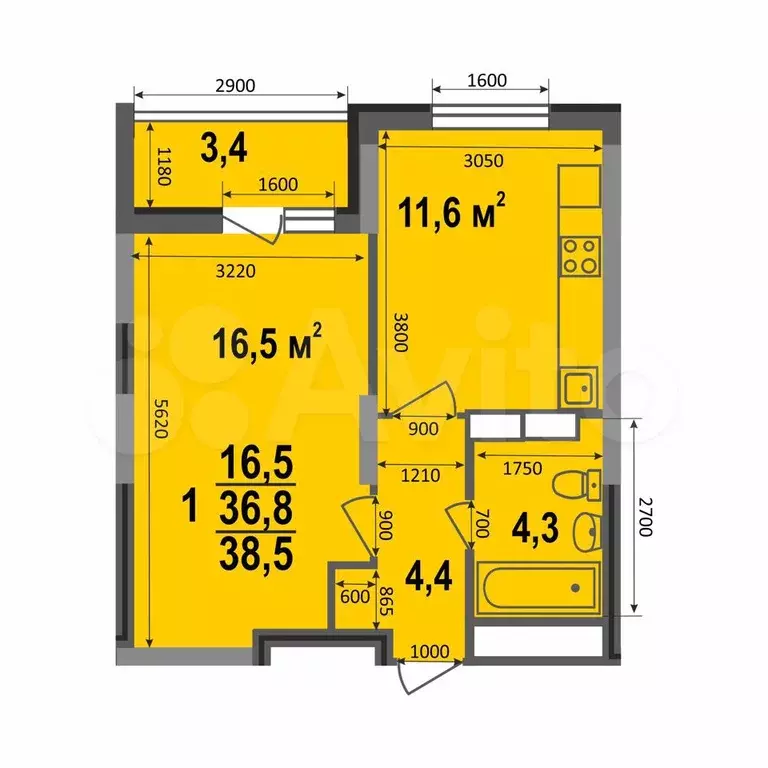 1-к. квартира, 38,5 м, 2/17 эт. - Фото 0