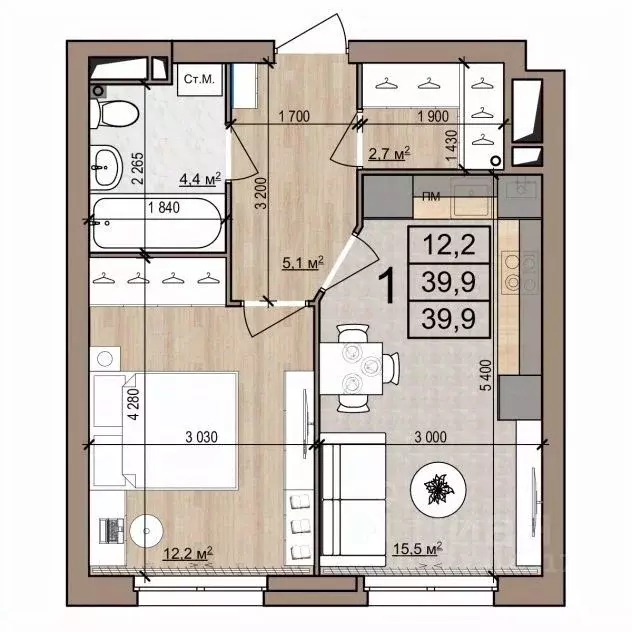 1-к кв. Рязанская область, Рязань ул. Новоселов, 33Б (39.9 м) - Фото 1