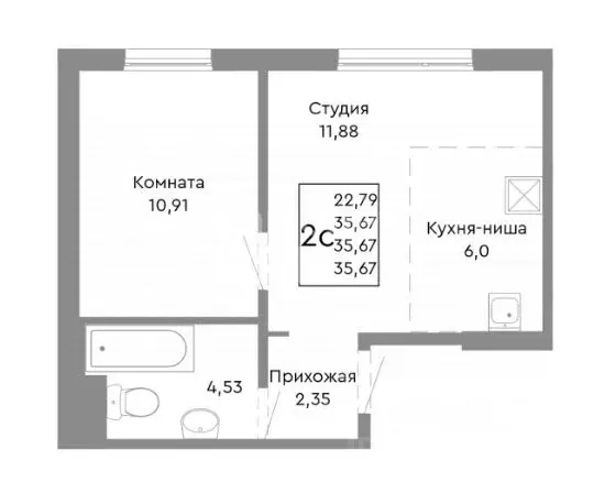 2-к кв. Челябинская область, Челябинск ул. Блюхера, 125В (33.0 м) - Фото 1