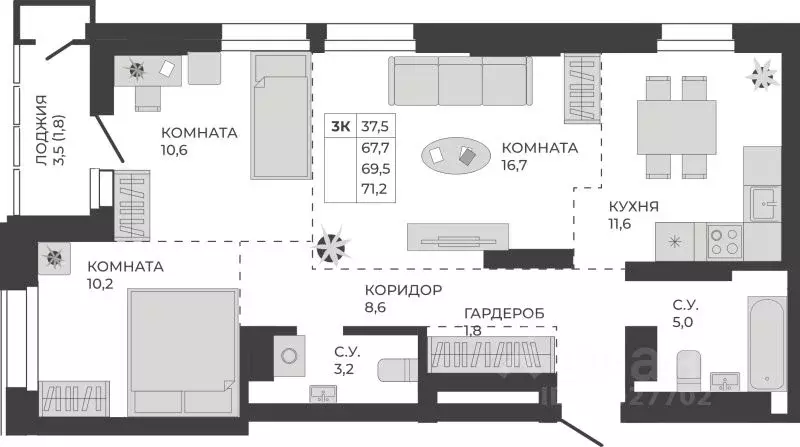 3-к кв. Алтайский край, Барнаул тракт Павловский, 251Б (69.5 м) - Фото 0