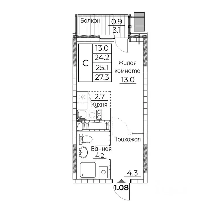 Студия Приморский край, Владивосток ул. Расула Гамзатова, 7к2 (27.3 м) - Фото 2