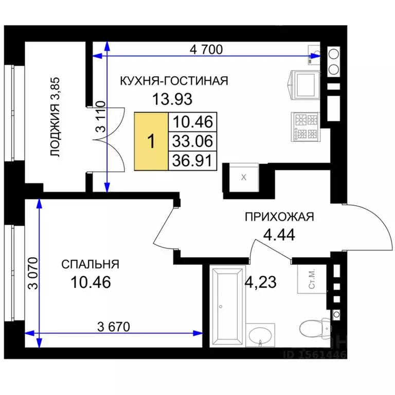 1-к кв. Калининградская область, Гурьевск Включи жилой комплекс (36.91 ... - Фото 0