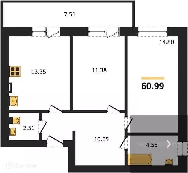 Продаётся 2-к квартира, 60.99 м - Фото 0