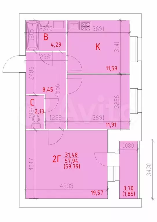 2-к. квартира, 59,8 м, 13/14 эт. - Фото 0