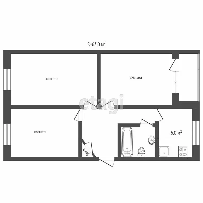 3-комнатная квартира: Челябинск, проспект Победы, 358Б (62 м) - Фото 1