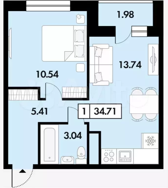 1-к. квартира, 34,7 м, 7/7 эт. - Фото 0