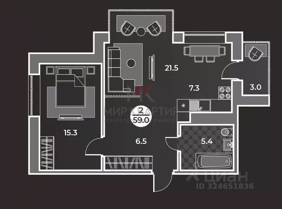 2-к кв. Хакасия, Абакан Арбан мкр, Новый Бульвар жилой комплекс (59.0 ... - Фото 1