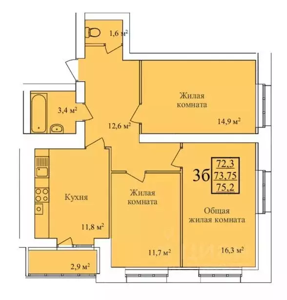 3-к кв. Тамбовская область, Тамбов ул. Научная, 14Б (75.2 м) - Фото 0