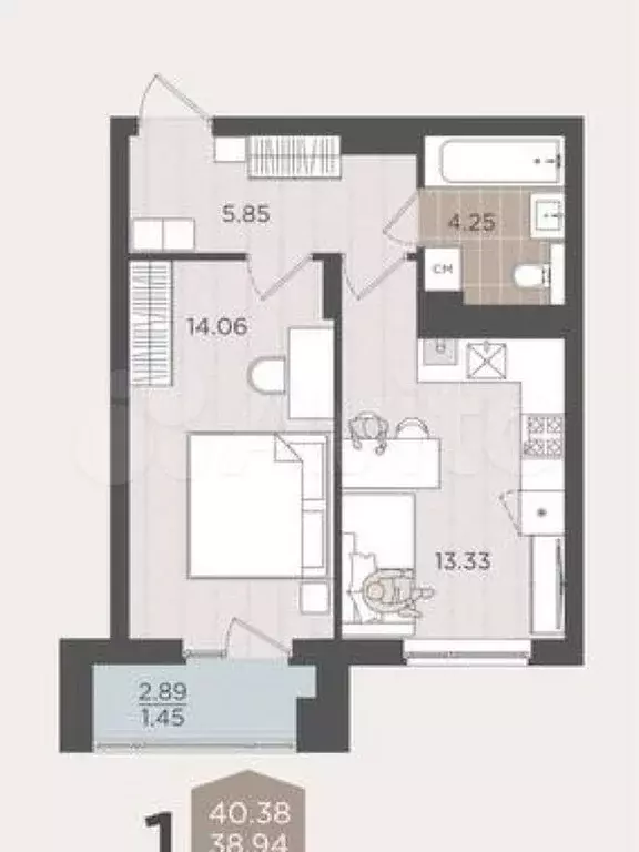 1-к. квартира, 38,9 м, 2/9 эт. - Фото 1