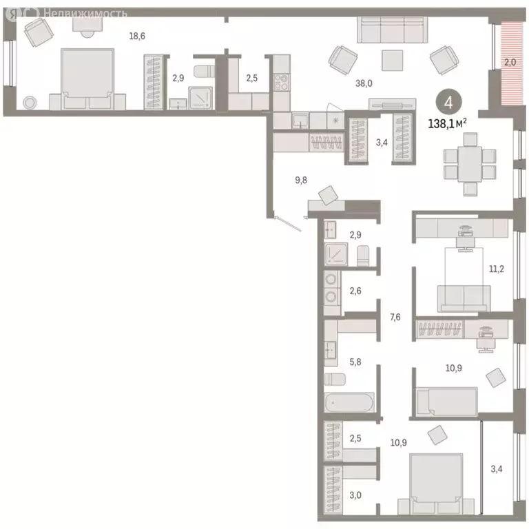 4-комнатная квартира: Тюмень, улица Республики, 205к1 (138.11 м) - Фото 2