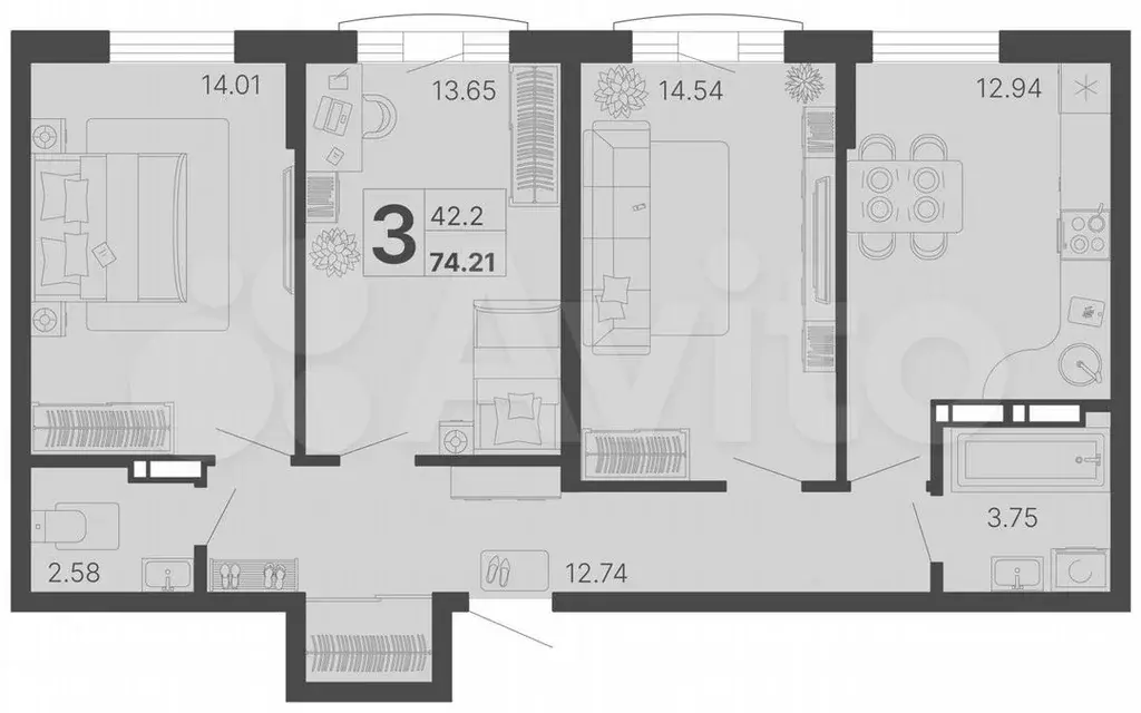 3-к. квартира, 74,2м, 8/20эт. - Фото 0