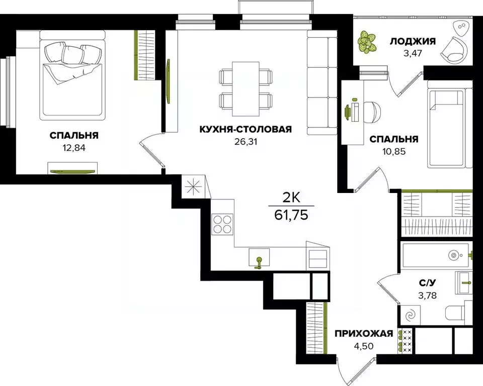 2-к кв. Тульская область, Тула  (61.75 м) - Фото 0