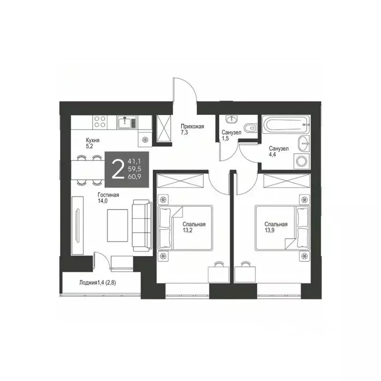 2-к кв. Татарстан, Альметьевск ул. Гафиатуллина, 60 (60.9 м) - Фото 0