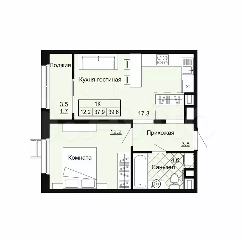 1-к. квартира, 39,6 м, 5/9 эт. - Фото 0