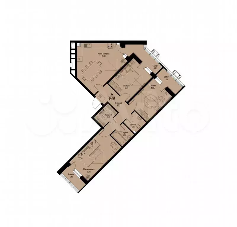 3-к. квартира, 93,5 м, 12/12 эт. - Фото 1