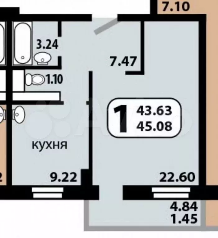 1-к. квартира, 43,5 м, 15/17 эт. - Фото 0