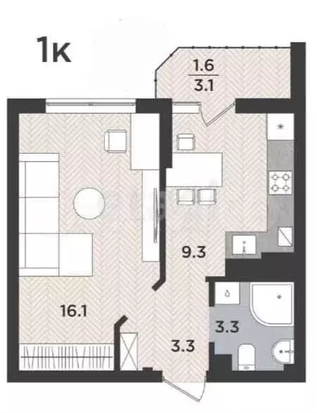 1-к. квартира, 39,4 м, 8/9 эт. - Фото 0