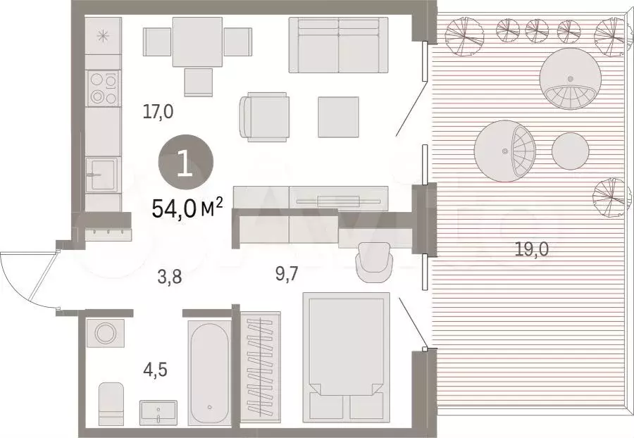 1-к. квартира, 54 м, 2/15 эт. - Фото 1