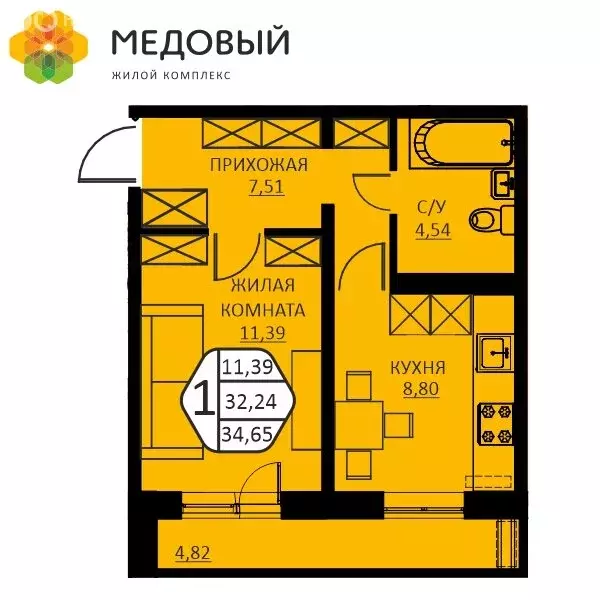 1-комнатная квартира: деревня Кондратово, улица Н.М. Яблокова, 6 (31.6 ... - Фото 1