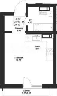 Квартира-студия, 29,4м, 6/7эт. - Фото 1